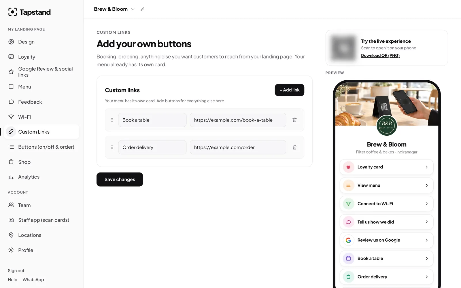 Custom link buttons such as Book a table and Order delivery, with a live phone preview