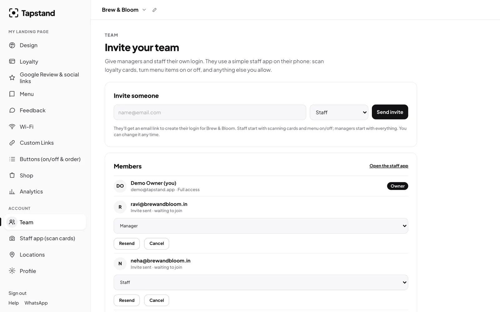 The team page for inviting managers and staff by email and setting their role