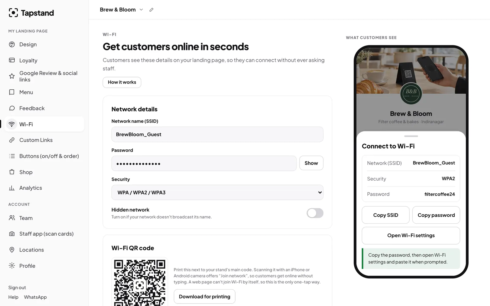 Wi-Fi settings with network name, password and security type, a printable Wi-Fi QR code and a phone preview