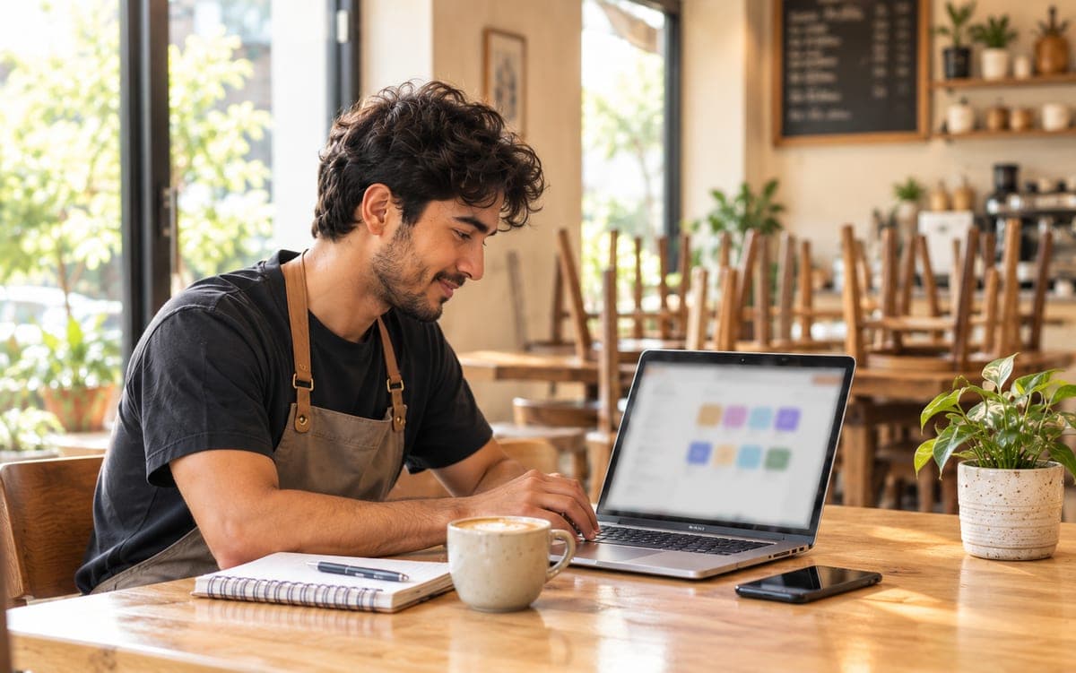 A café owner in an apron sets up his page on a laptop before opening, with a coffee beside him